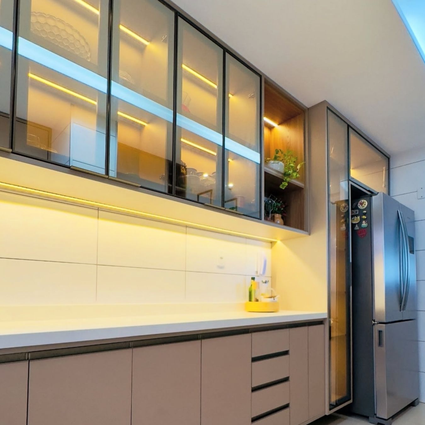 LED-lit glass display cupboards
