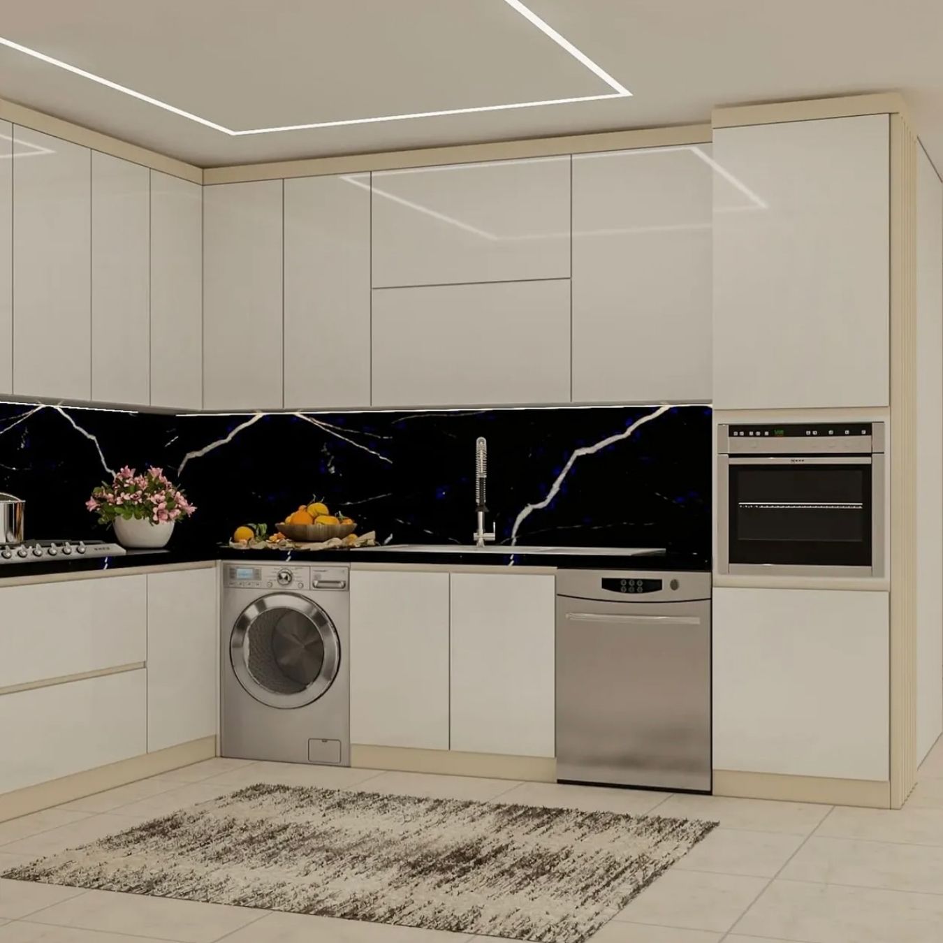 Gloss white kitchen with black marble splashback