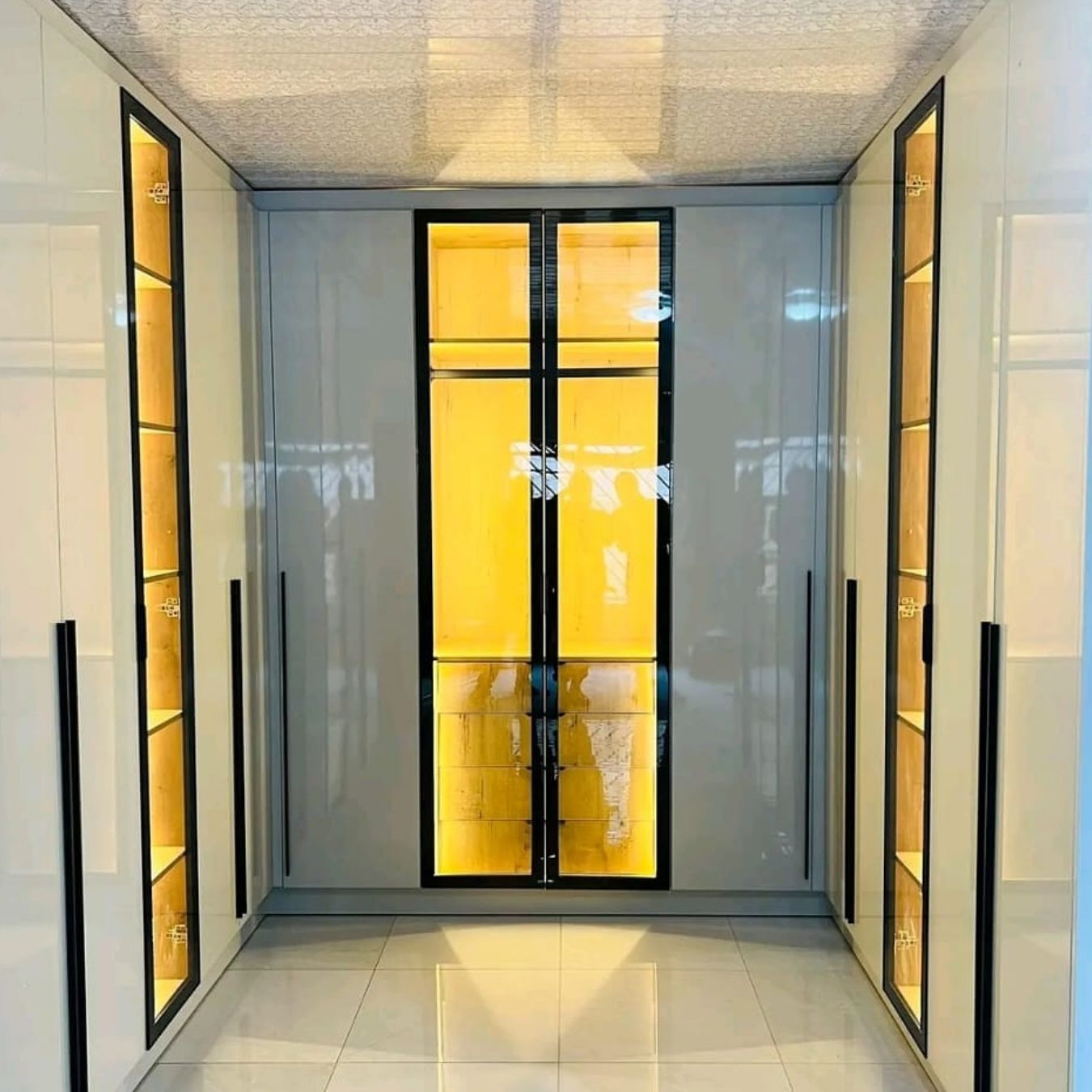 Glass display wall with black frames
